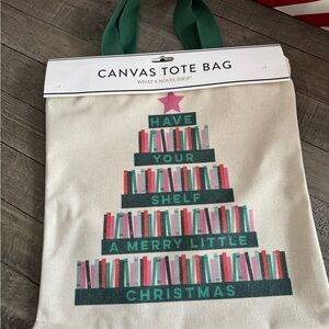 Canvas Tote Bag with Christmas Bookshelf Design